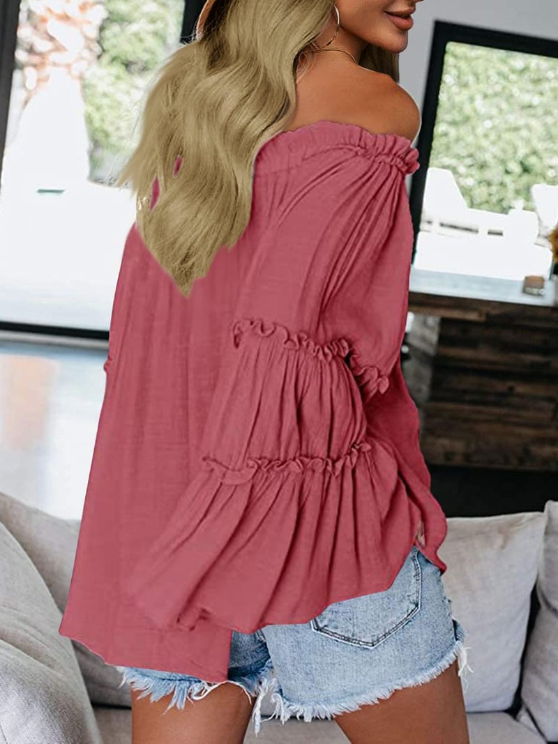 Farktop Womens Off The Shoulder Long Bell Sleeve Tops Flared Casual Loose Blouse (Navy Pink, Medium) - Image 3